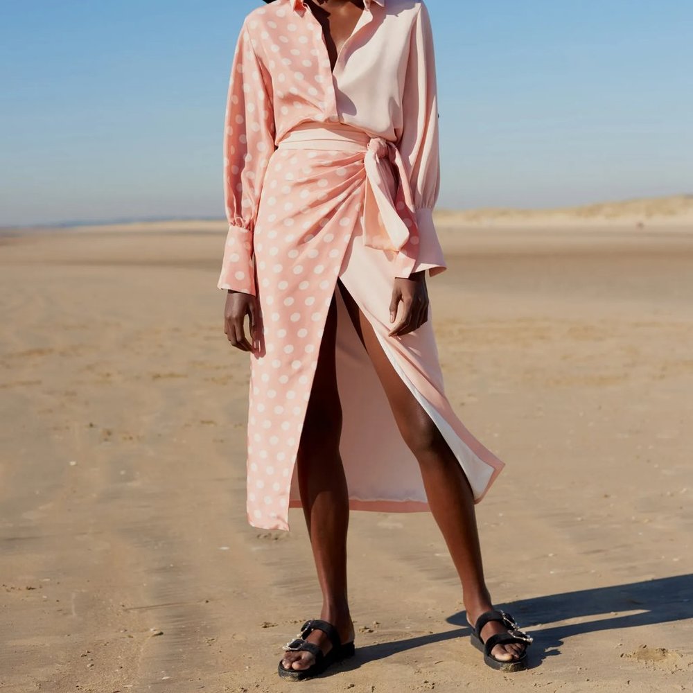 NWT MOTHER OF PEARL x BBC Earth Annabelle Crepe de Chine Silk Peach Spot Skirt